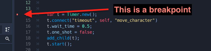 A breakpoint in Godot's Script editor