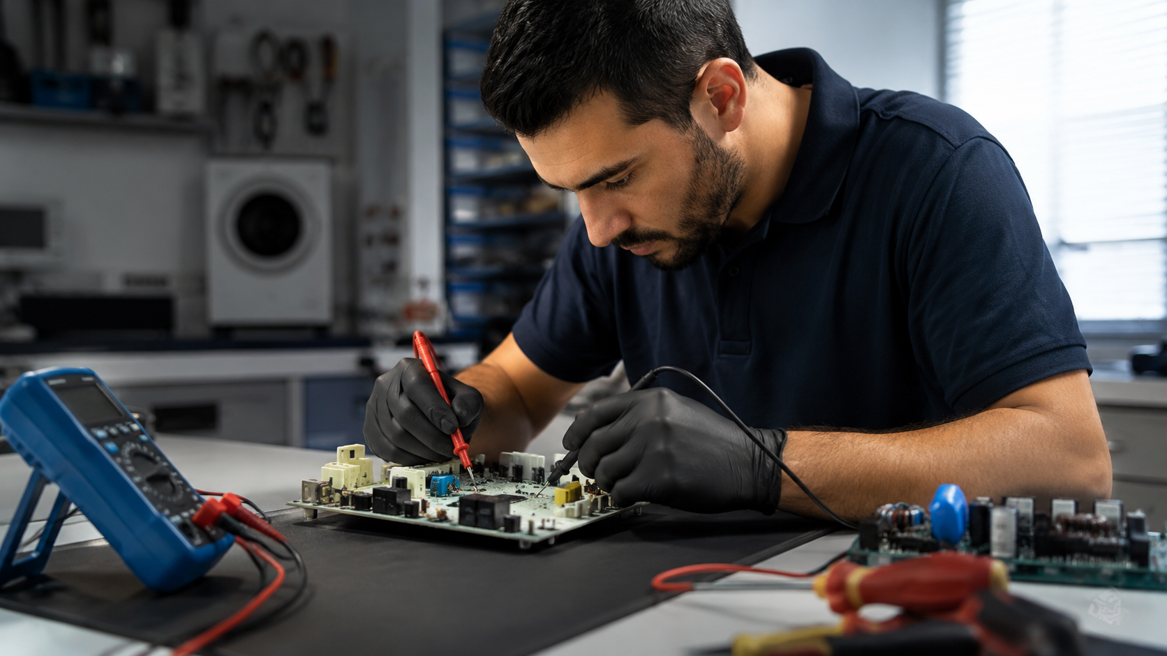 Técnico diagnosticando y reparando una placa electrónica