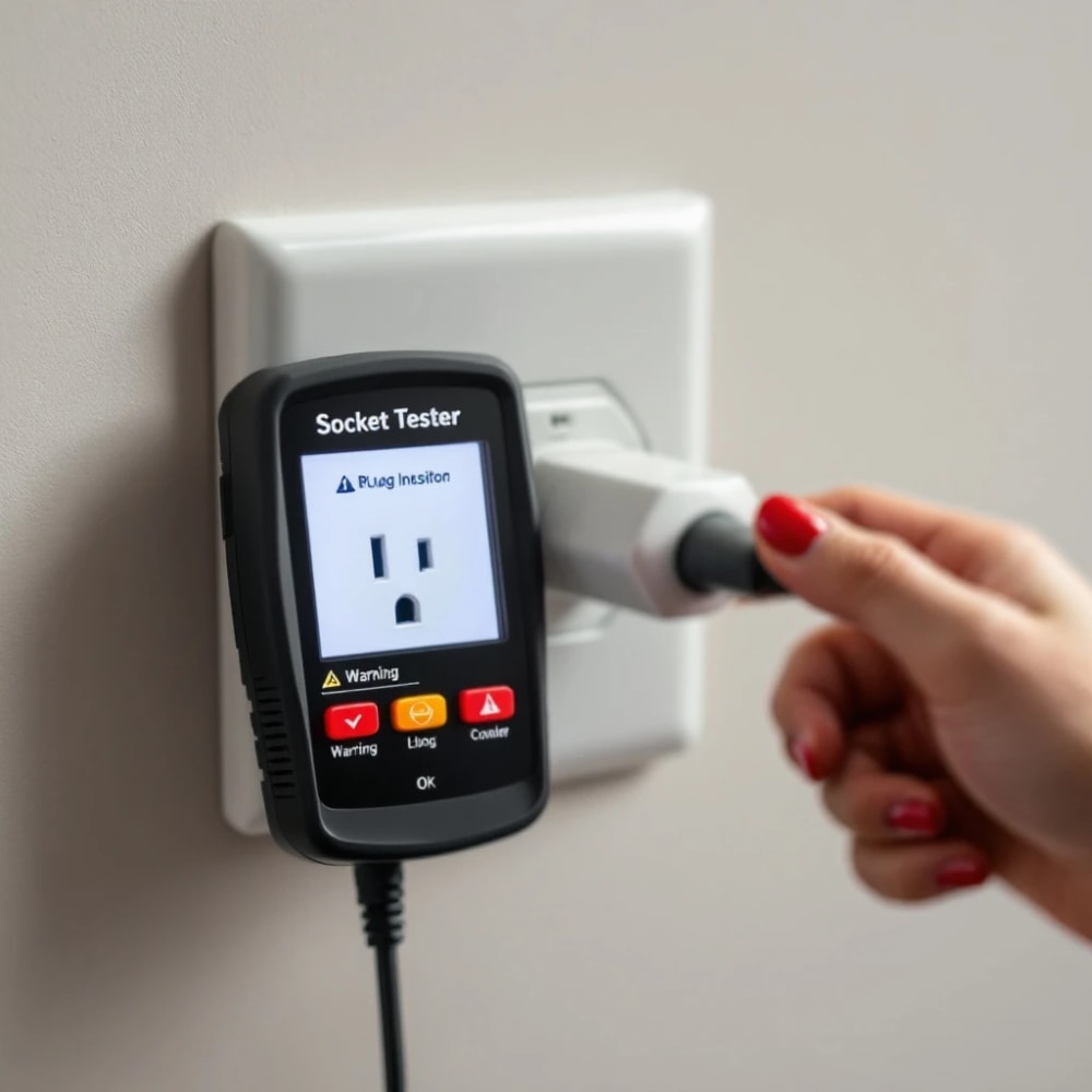 Example of an electrics snag — testing a wall socket with a plug-in tester