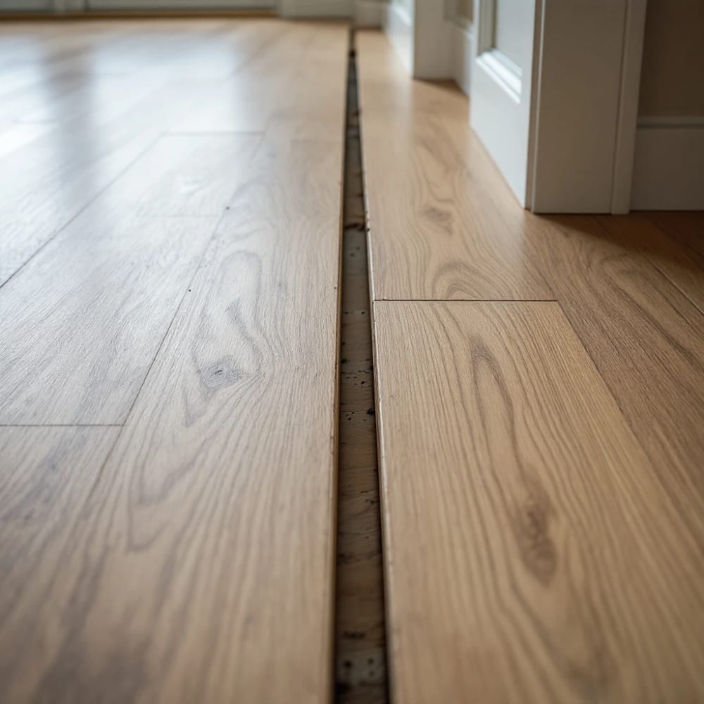 Example of a flooring snag — a gap between boards near a doorway