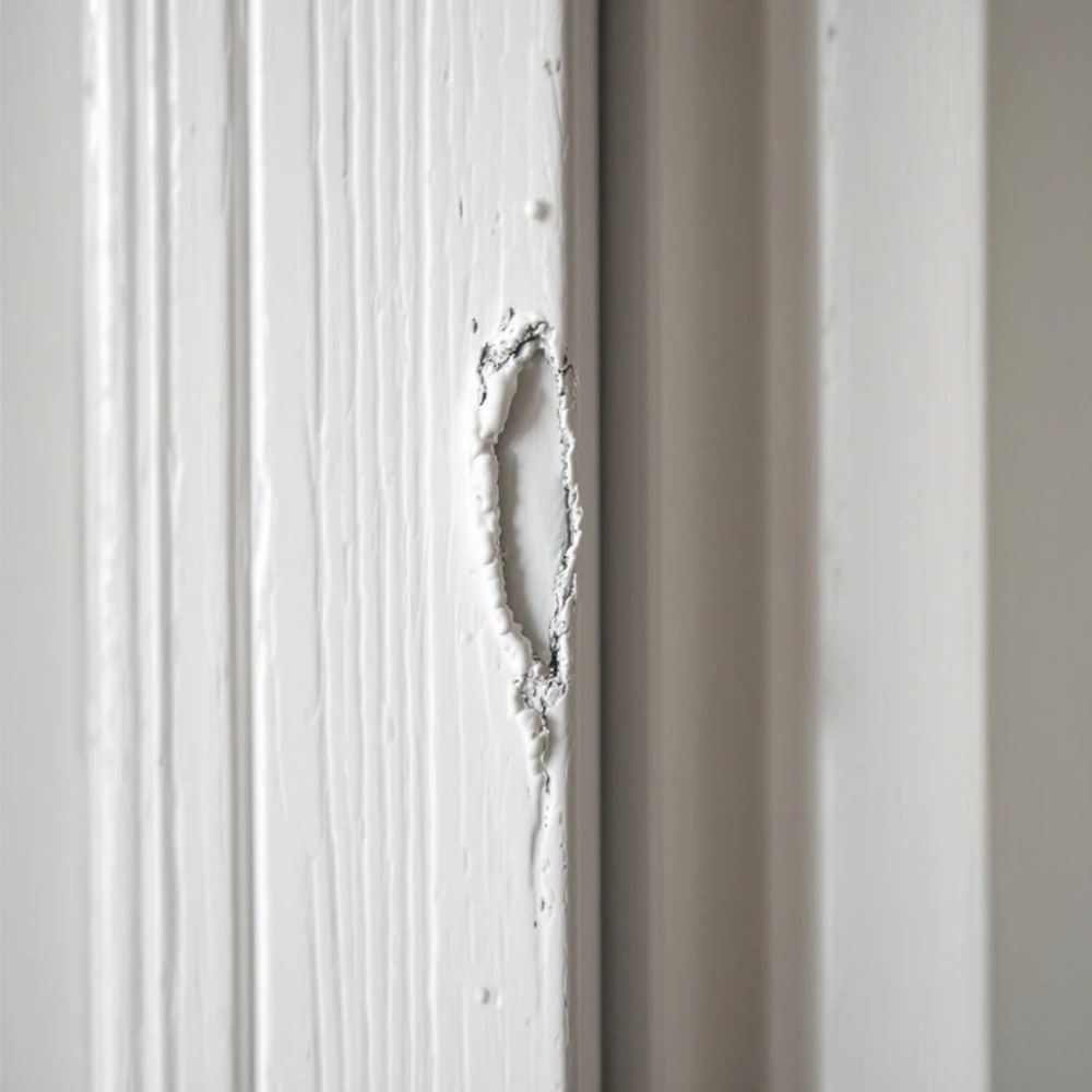 Example of a paintwork snag — chipped paint on a door frame