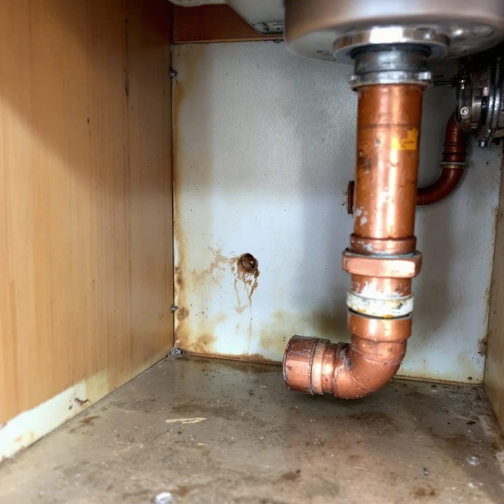 Example of a plumbing snag — a leak under a kitchen sink