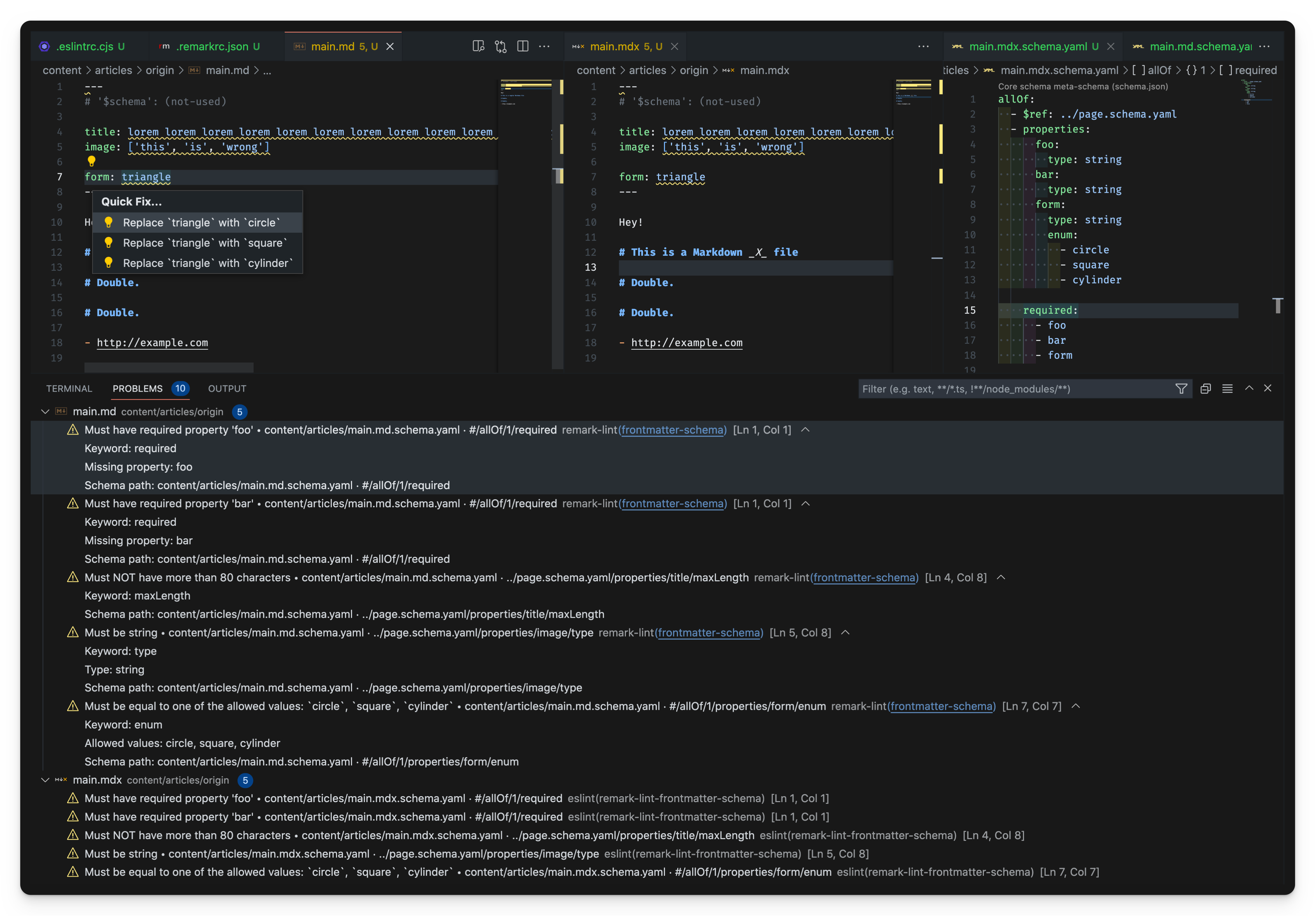 Demo screenshot of frontmatter schema linter 1