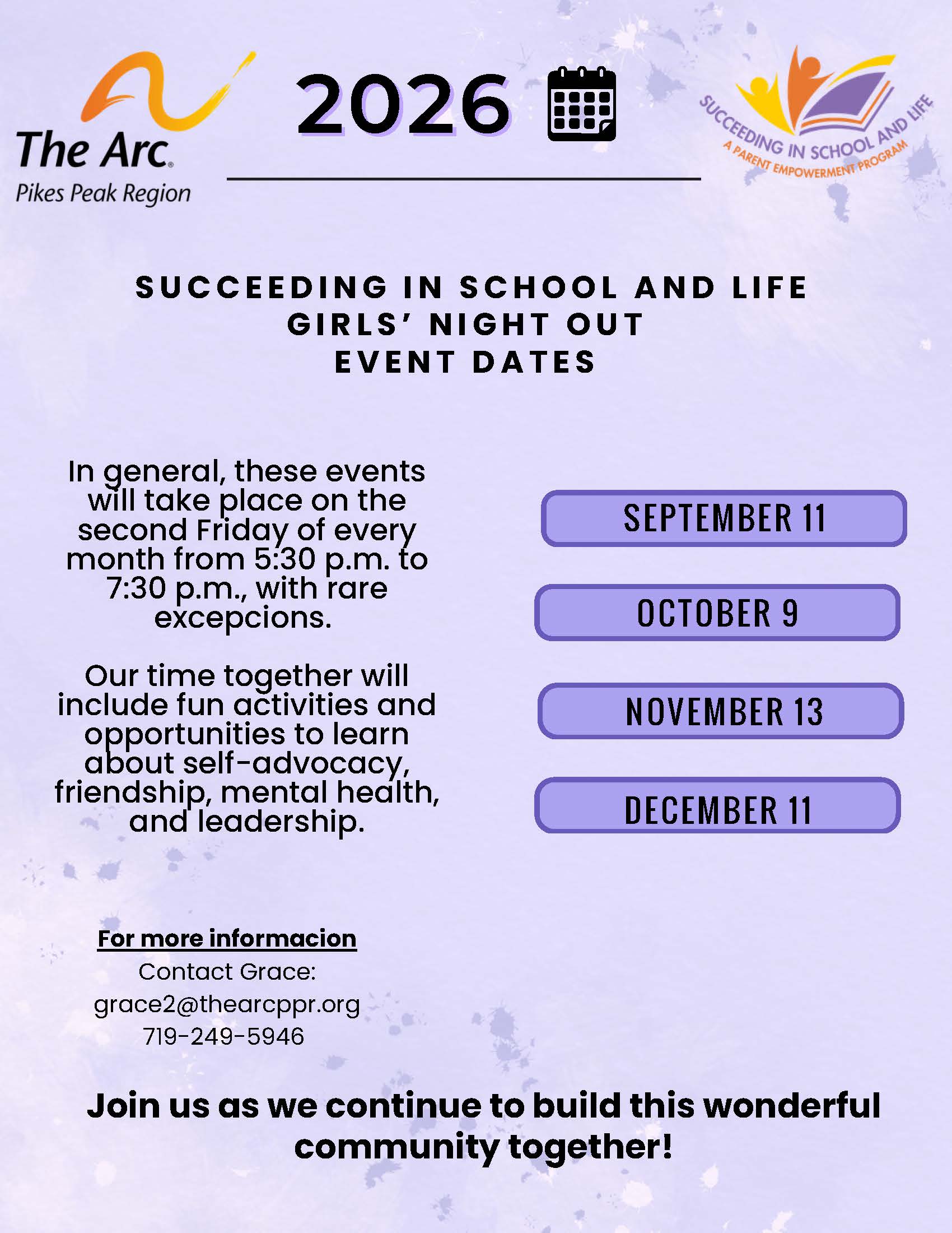 2026 Succeeding in School and Life Teen Girls' Night Out schedule of monthly event dates and concepts
