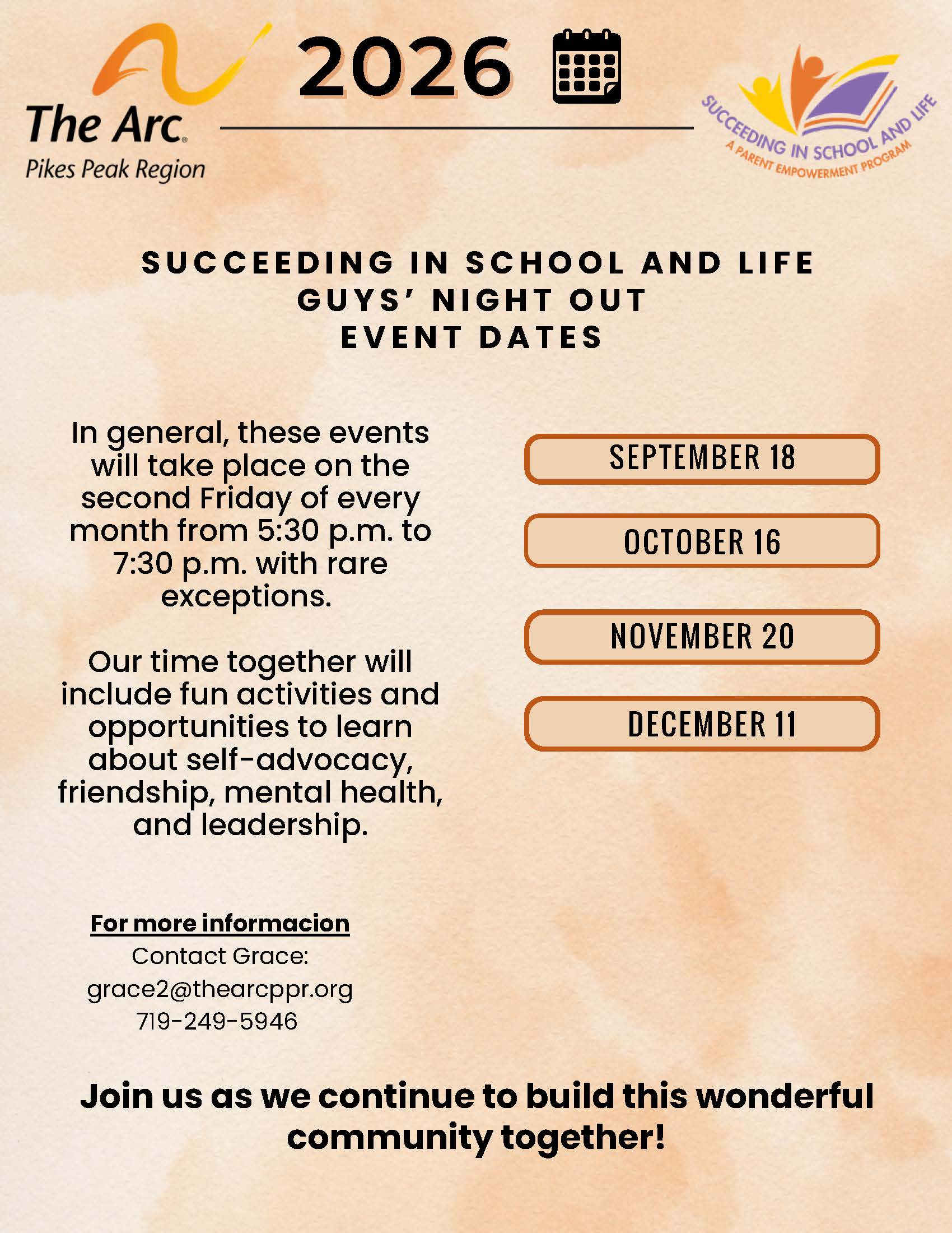 2026 Succeeding in School and Life Teen Guys' Night Out schedule of monthly event dates and concepts