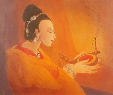 Maiden with an oil lamp by Abdur Rahman Chughtai