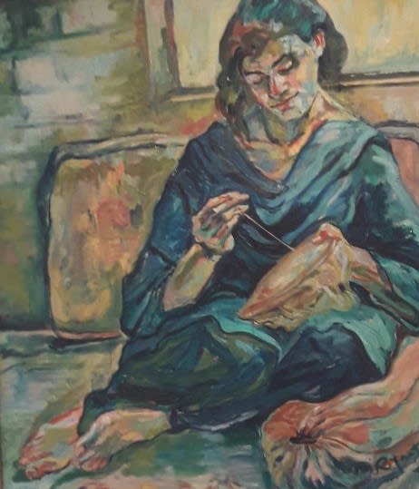 Girl doing embroidery, 1995 by Rifaat Saif Dar