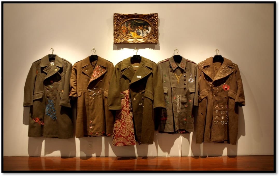 Tent of Darius. 5 embroidered vintage European army coat with painting., 2009 by Risham Hosain Syed