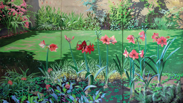 Let A Hundred Flowers Bloom - In celebration of the ushering in of democracy, 3 Panels, 1988 by Ijaz ul Hassan