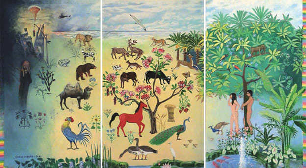 The Red Signal I, 3 Panels,, 2001 by Ijaz ul Hassan