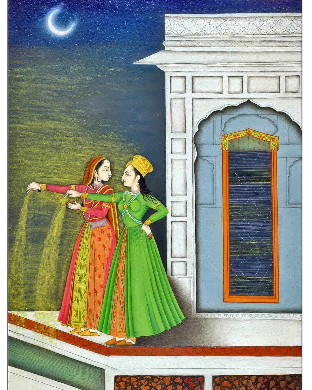 Exercise of Guler School of Indian Pahari Miniature Painting Two princesses playing with fireworks