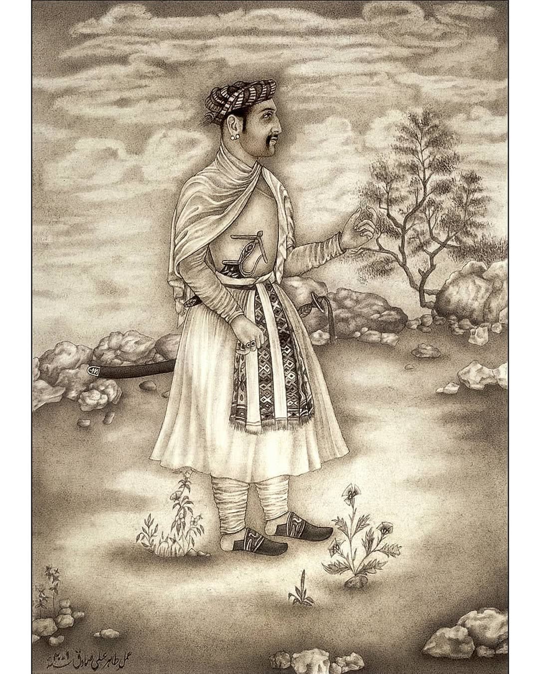 Mughal school inspired Siyaah Qalam Composition