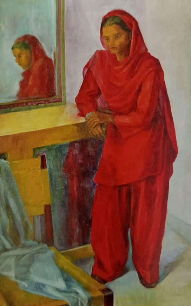 Woman in Red Standing Next to a Mirror