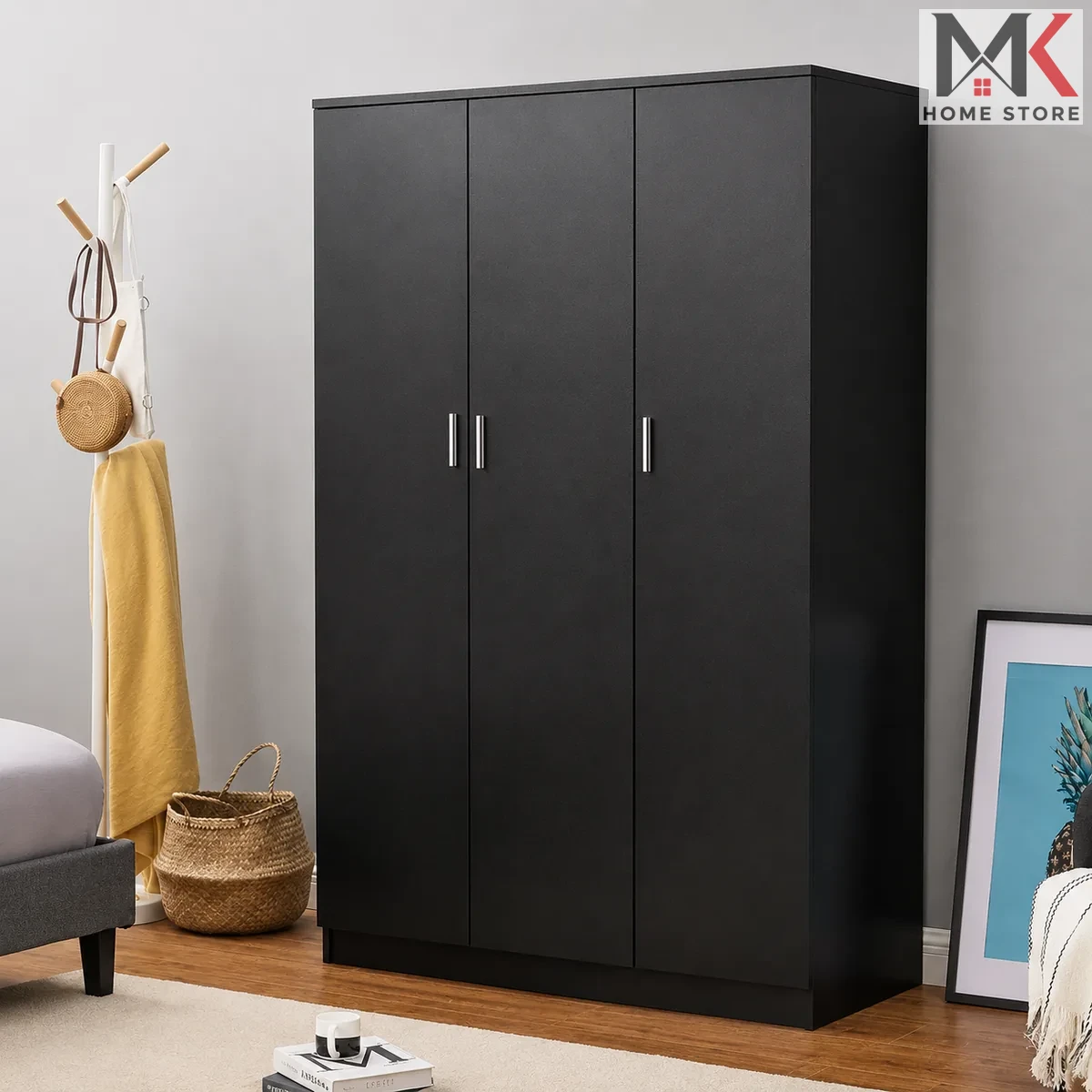 3-Door Wardrobe – Black Matte Deco Finish