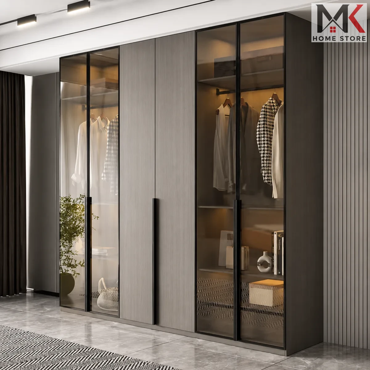 6-Door Wardrobe – Glass & Deco Finish Design