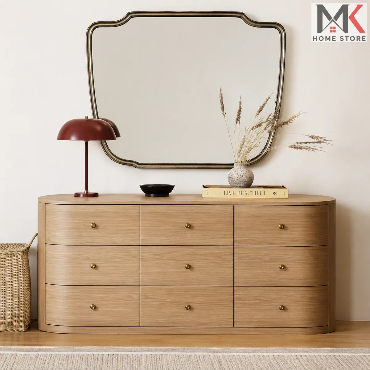 The Curved Oak Dresser & Mirror Suite