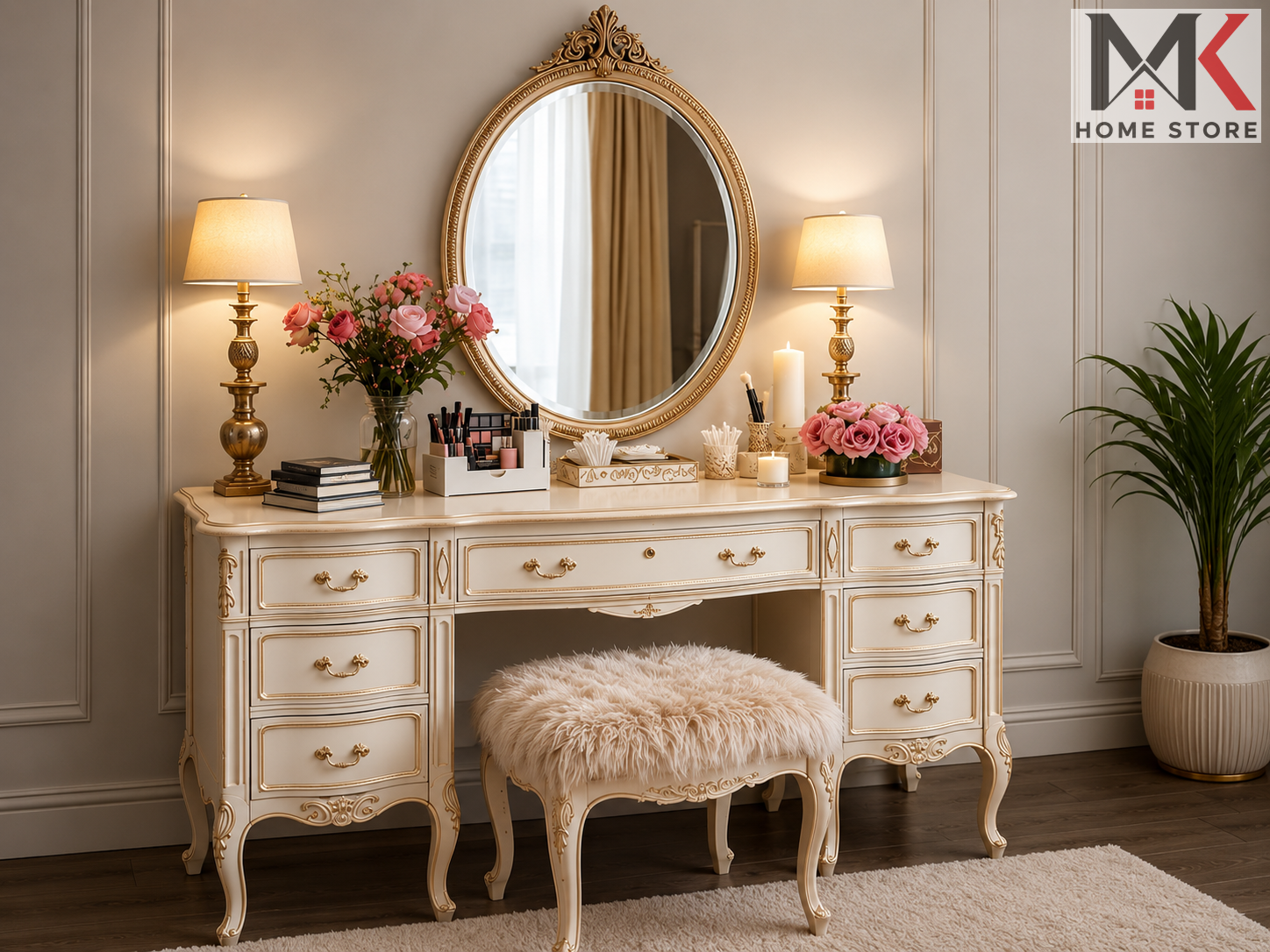 The Baroque 7-Drawer Vanity & Oval Mirror Suite