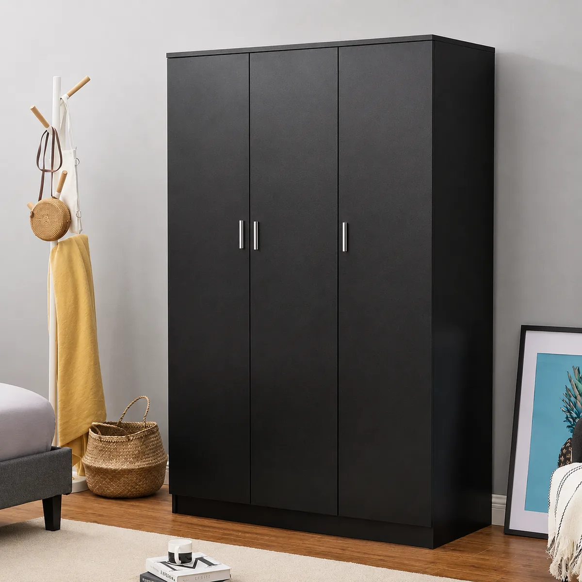 3-Door Wardrobe – Black Matte Deco Finish