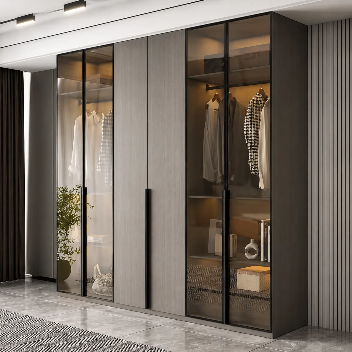 6-Door Wardrobe – Glass & Deco Finish Design
