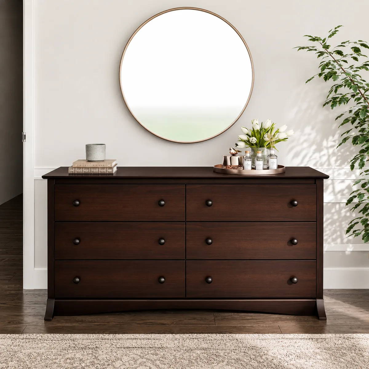 The Walnut 6-Drawer Dresser & Round Mirror Suite