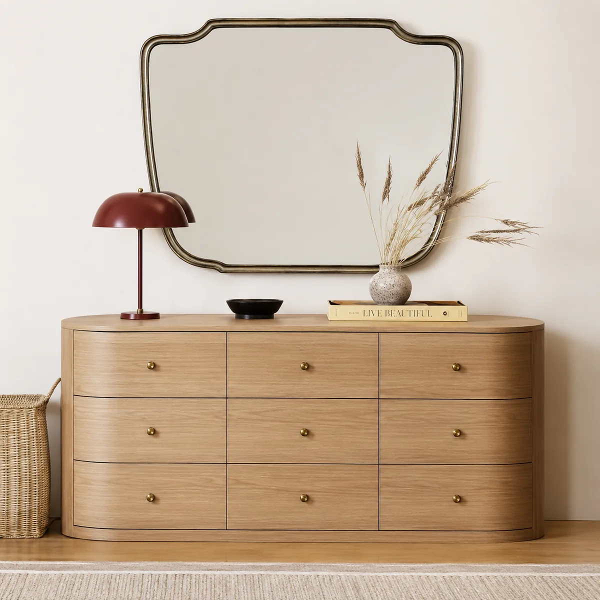 The Curved Oak Dresser & Mirror Suite