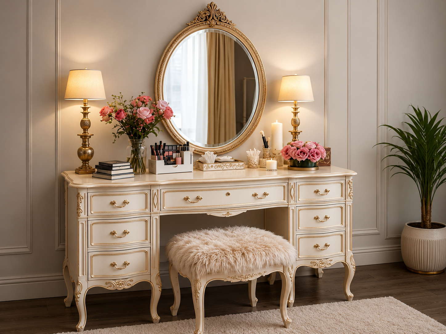 The Baroque 7-Drawer Vanity & Oval Mirror Suite