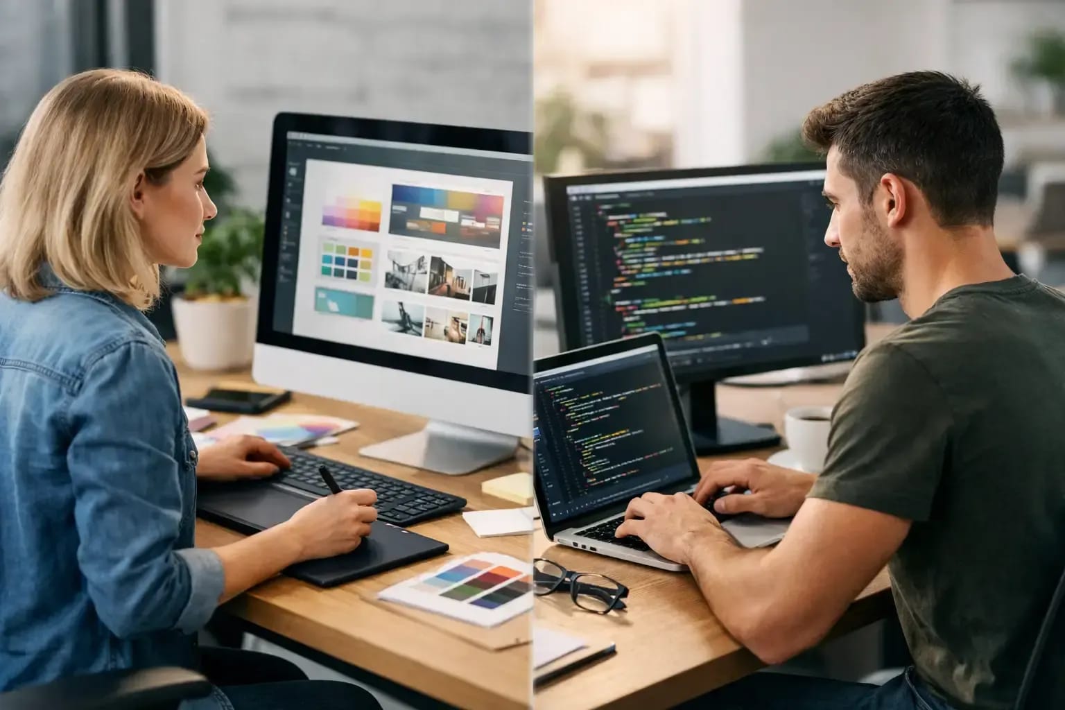Comparison of web design and web development showing a designer on the left and a programmer on the right working with code and visual interface.