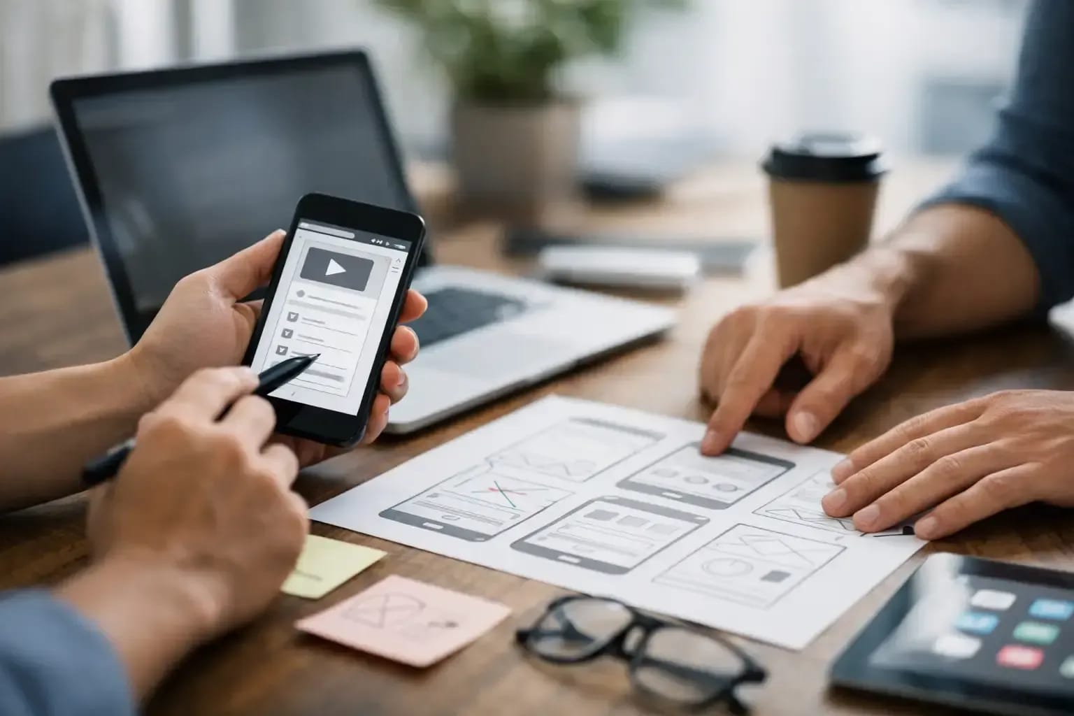 Two people collaborating: one holding a phone and the other pointing at printed paper