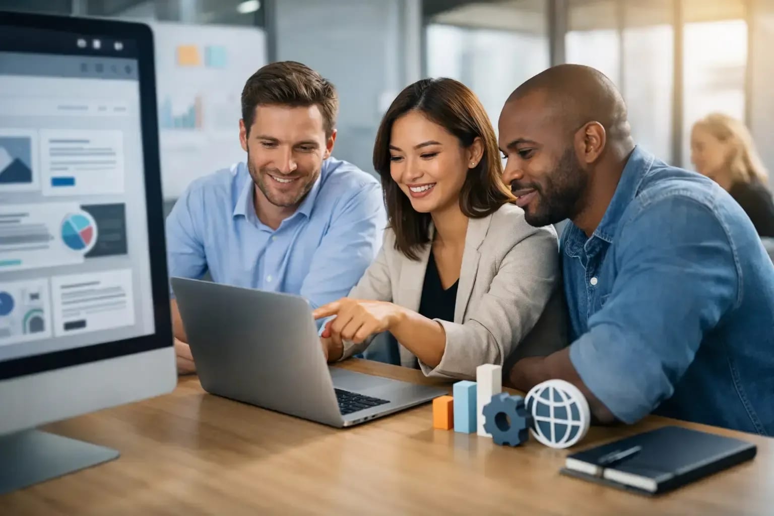Three people looking at a computer screen, discussing data, with a side view of the monitor showing charts and analytics graphs.