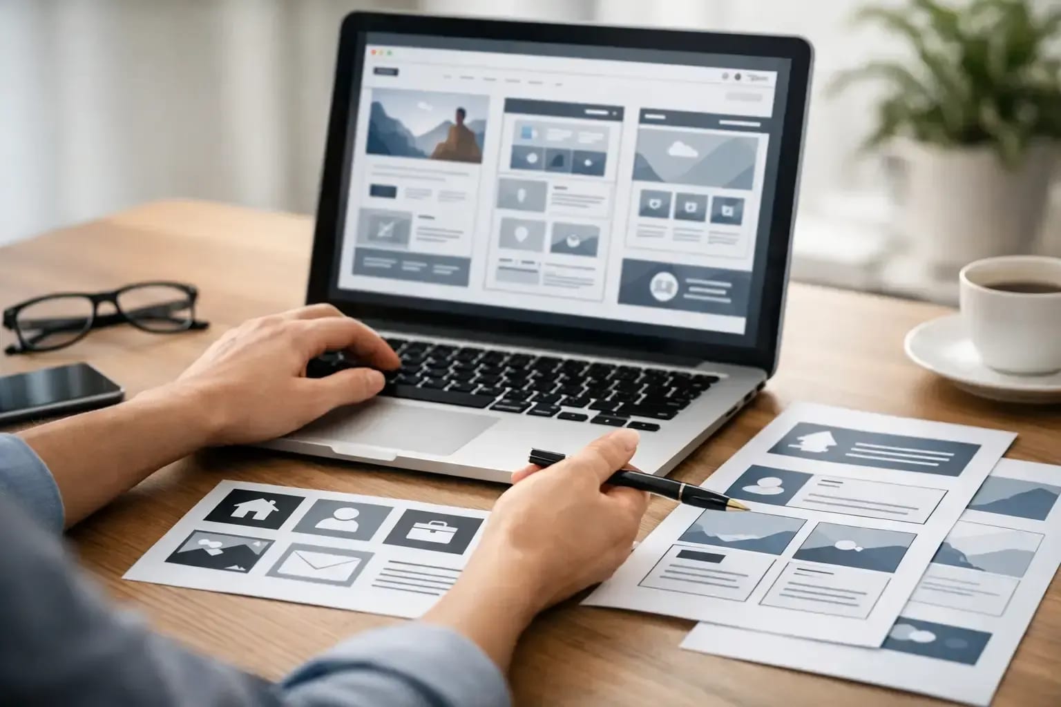 Website layout blocks displayed on a laptop screen.