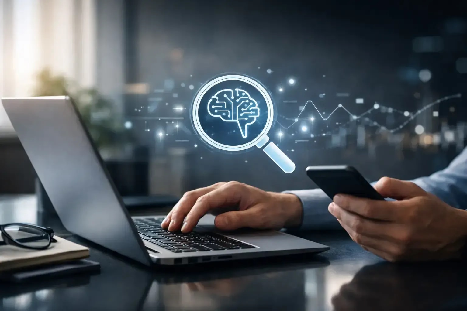 Illustration of a laptop, smartphone, and a magnifying glass displaying a brain.