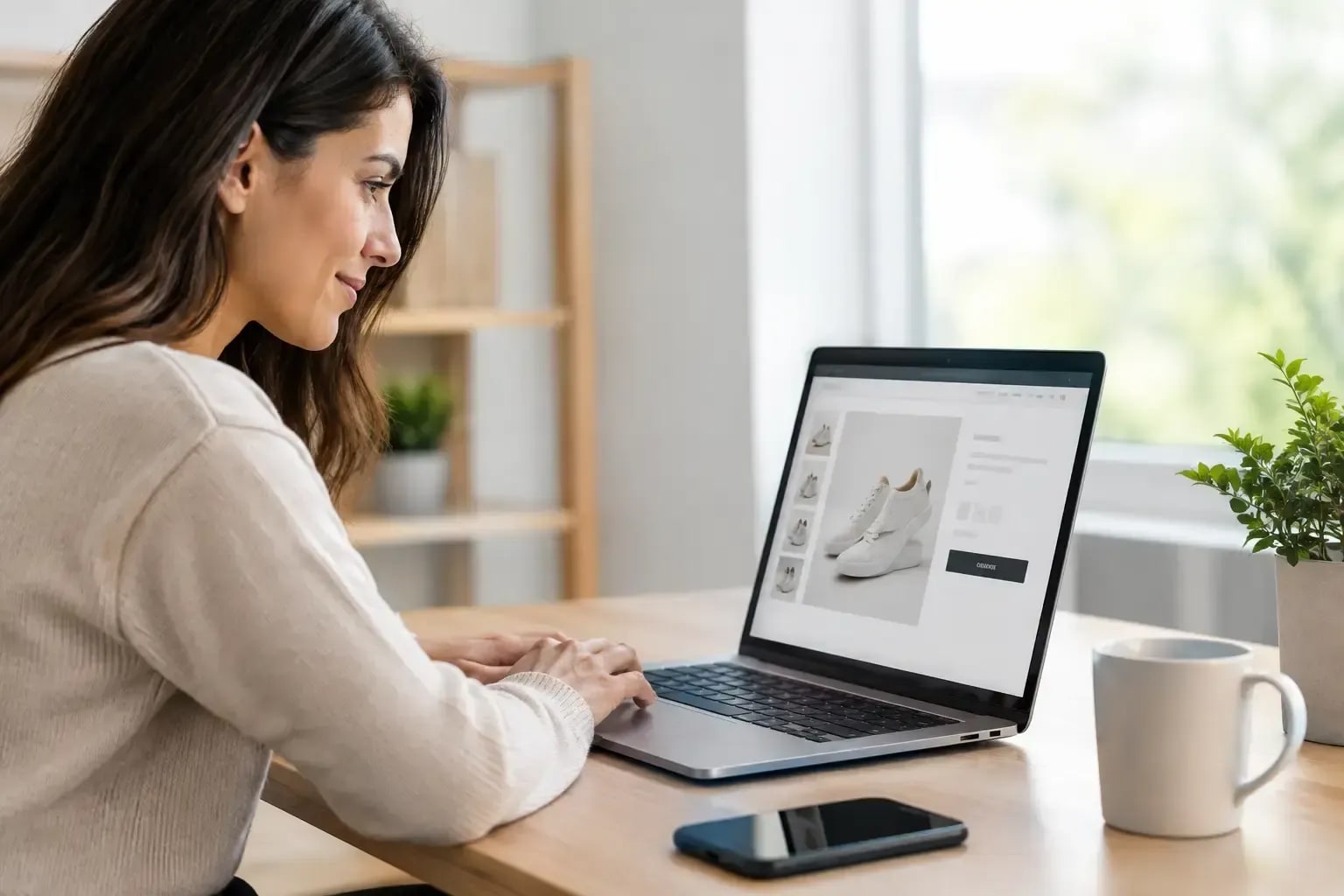 A woman browsing an open store on her laptop.