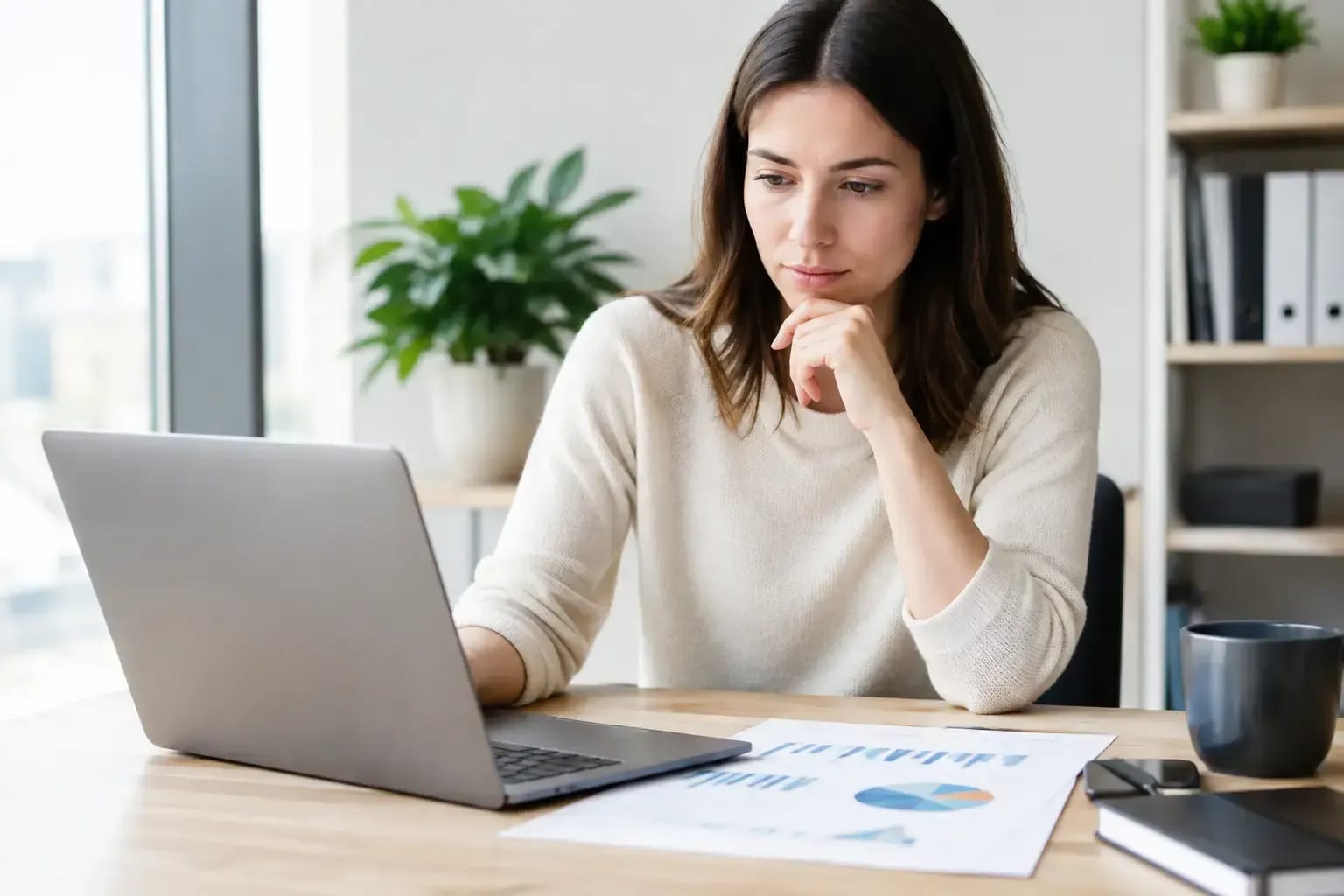 A woman working on a laptop.