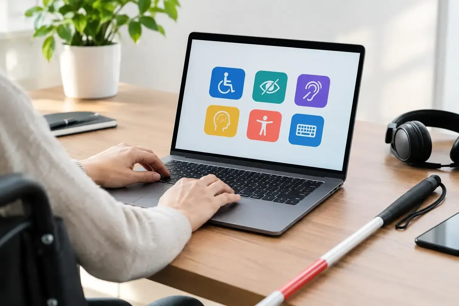 Laptop with accessibility icons.
