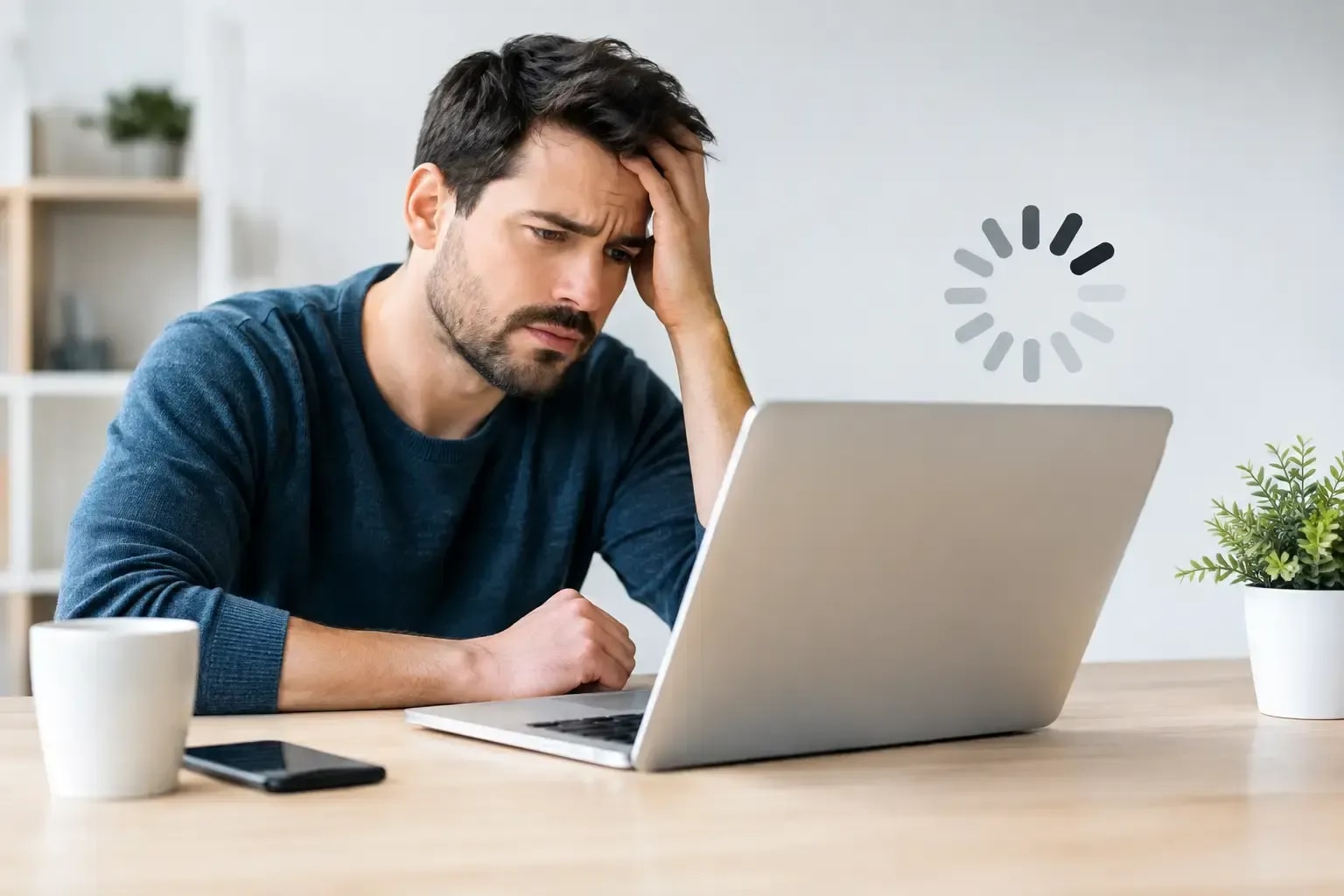 A man looking at the laptop with a loader on the right side.