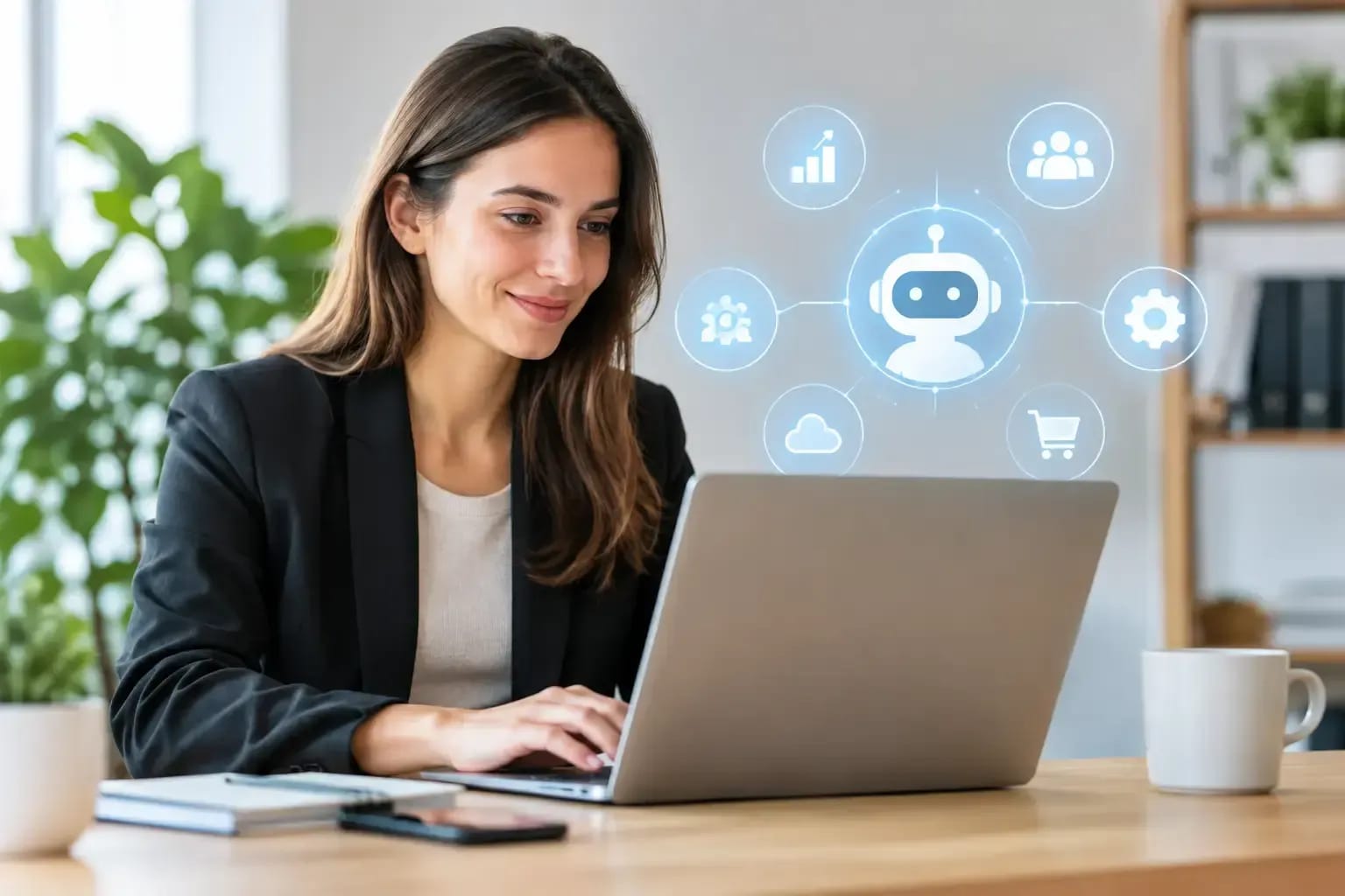 Woman working on a laptop, with an AI workflow diagram beside her.