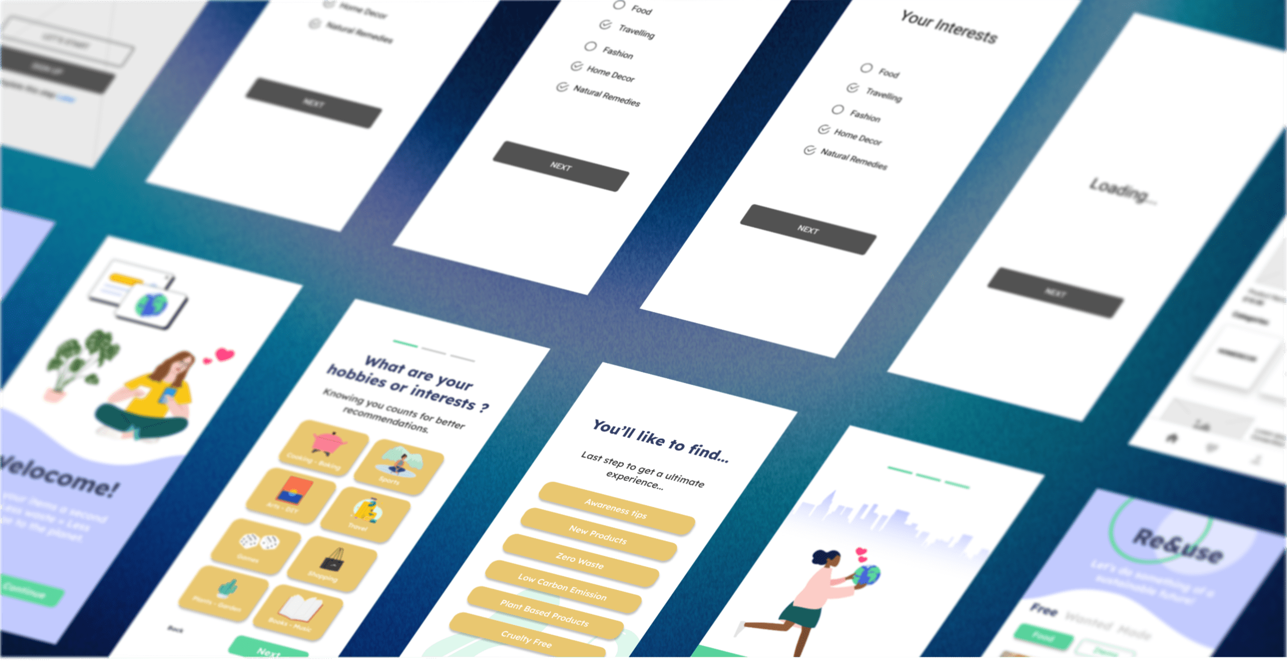 Mobile app screens showcasing key features