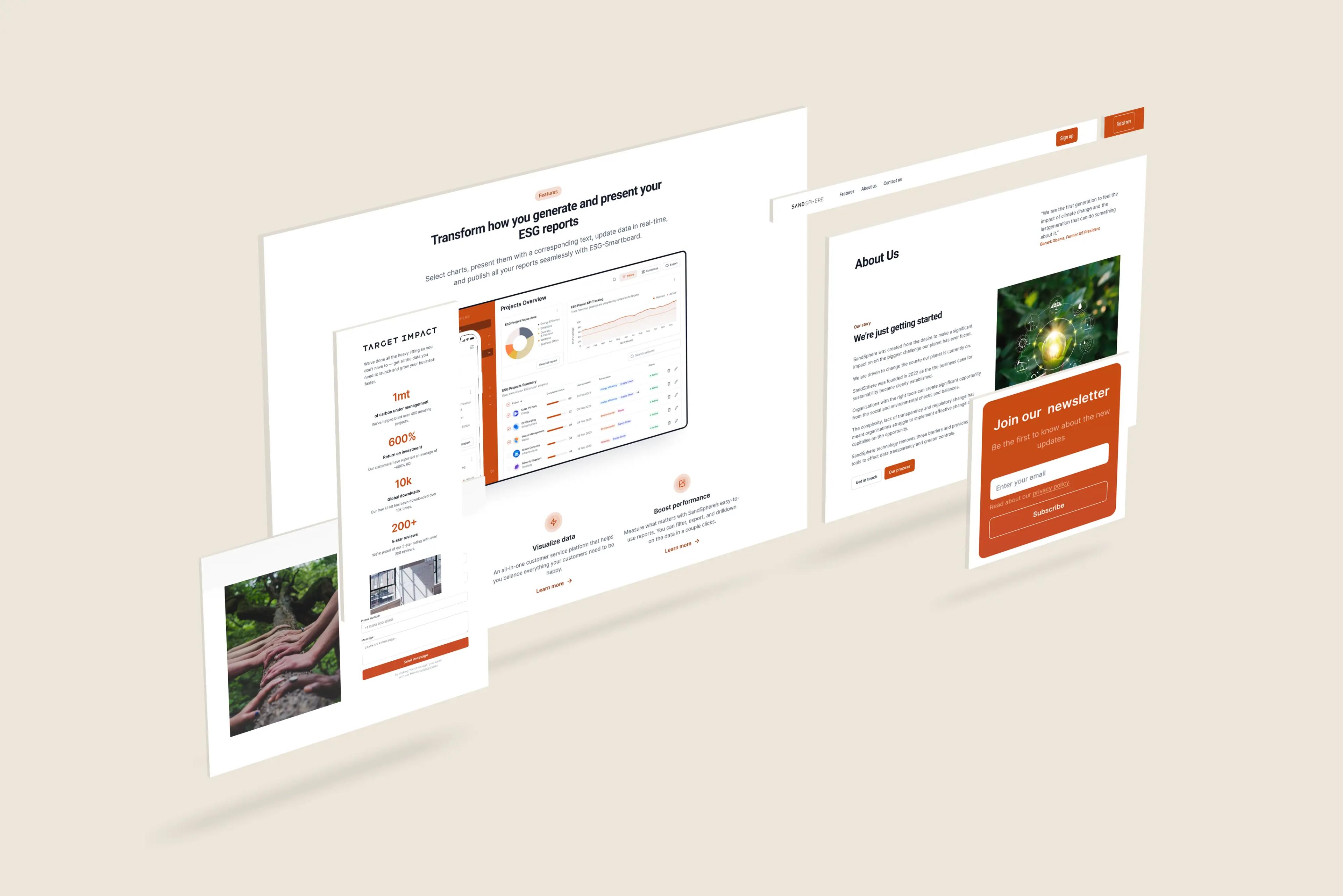 Previsualitzacions de diferents pàgines del lloc web de Sandsphere