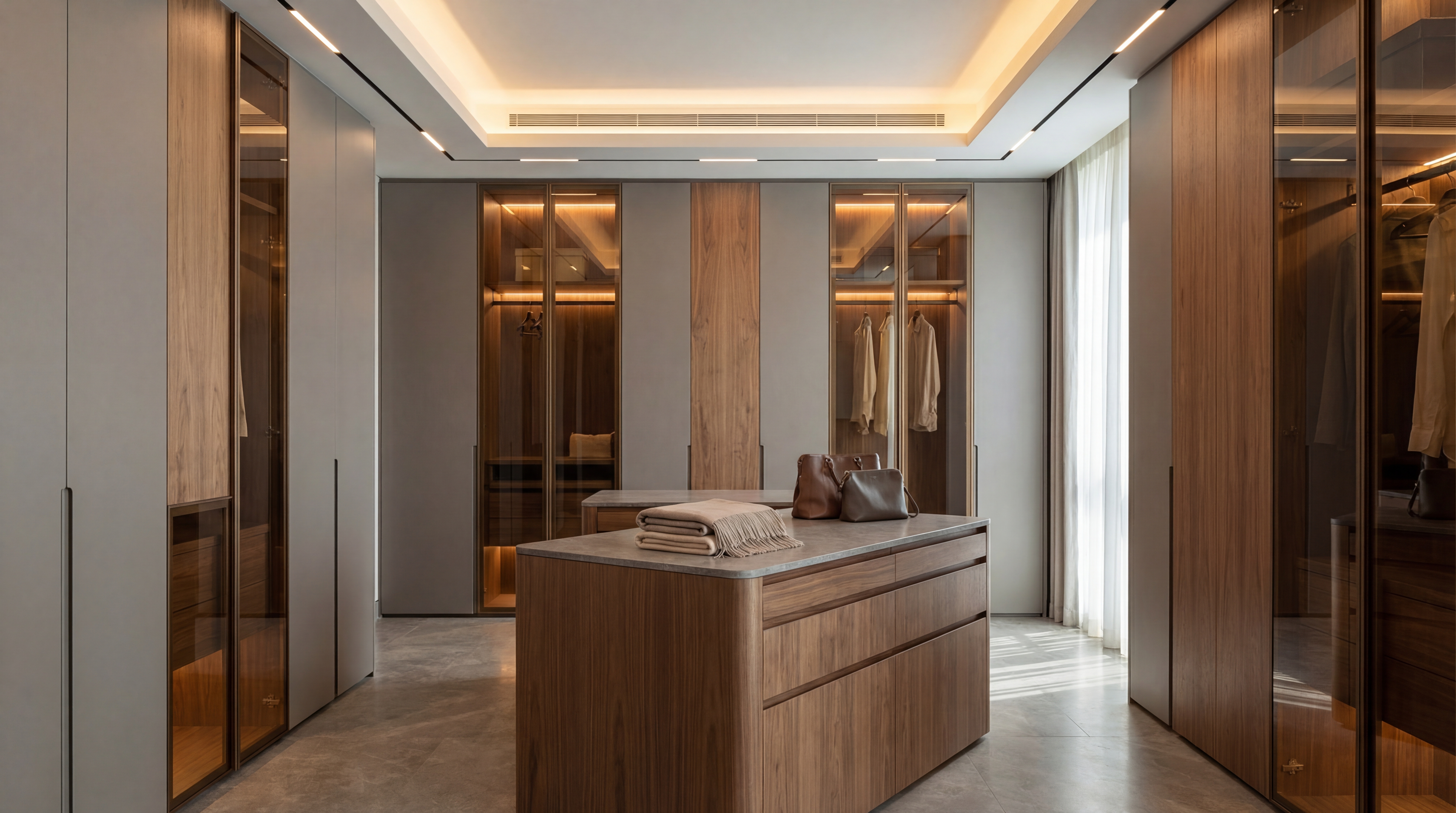 Matte lacquer doors — full-height wardrobe wall