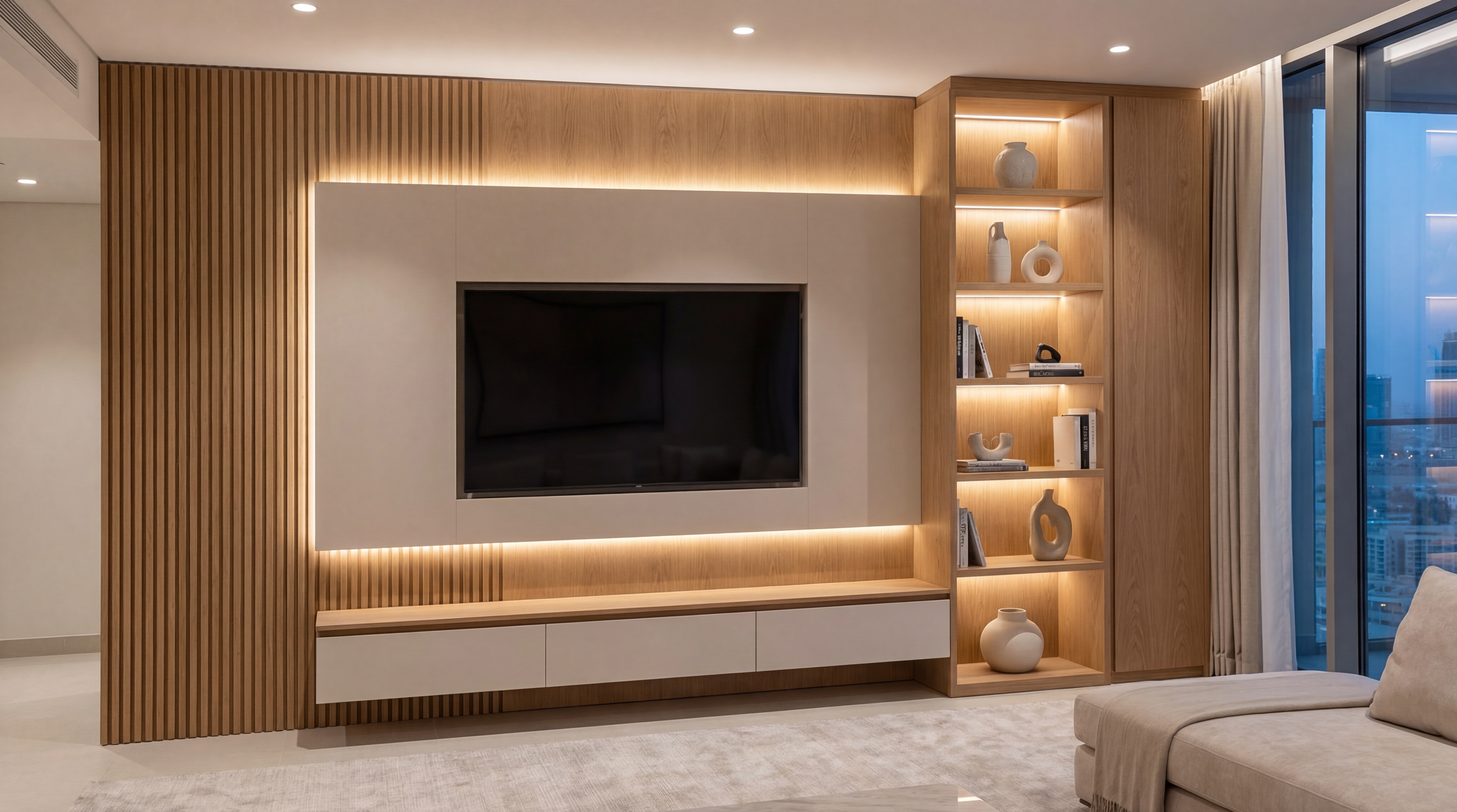 Veneer panel and ambient lighting close-up