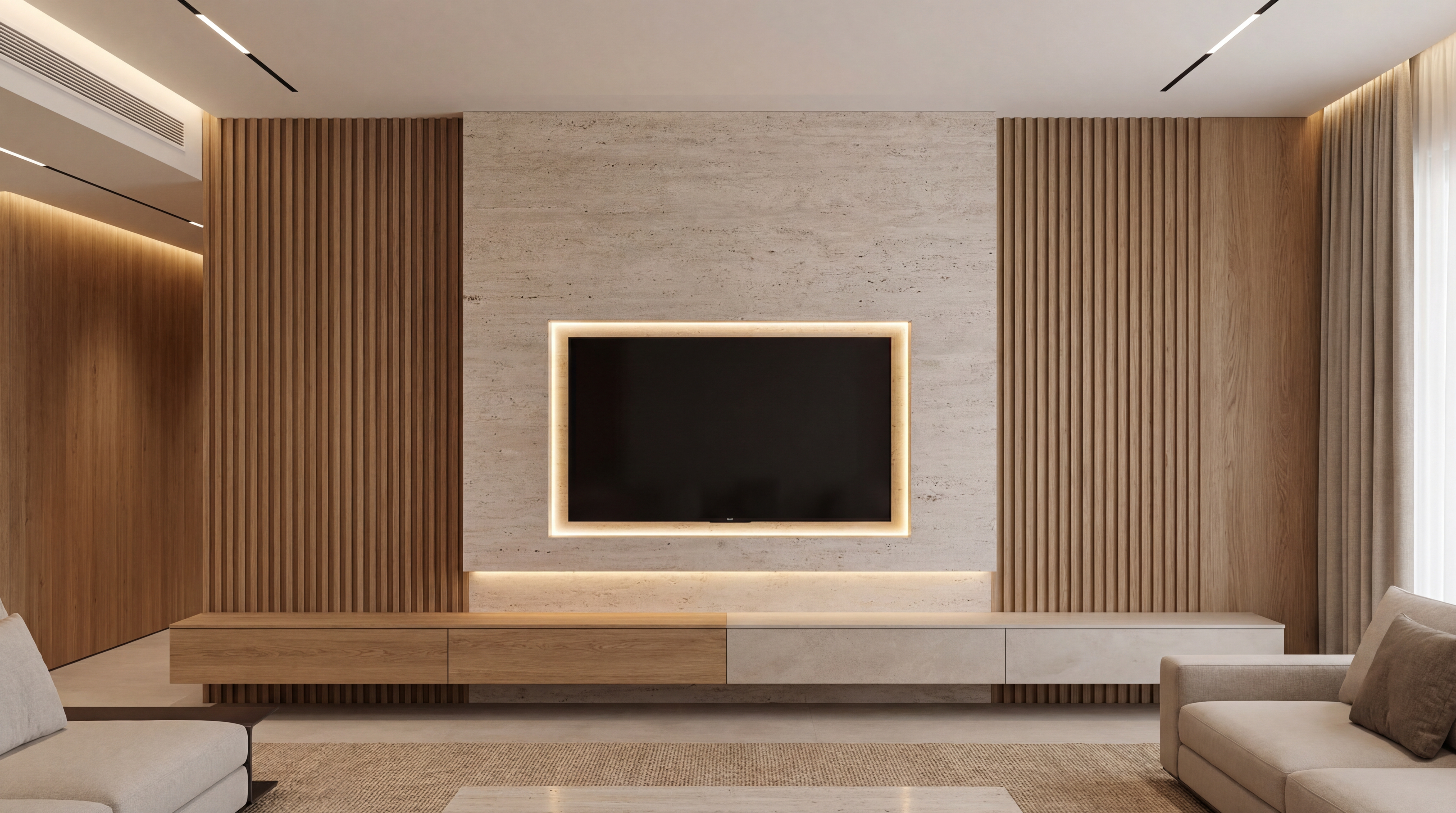 TV recess and flanking shelving