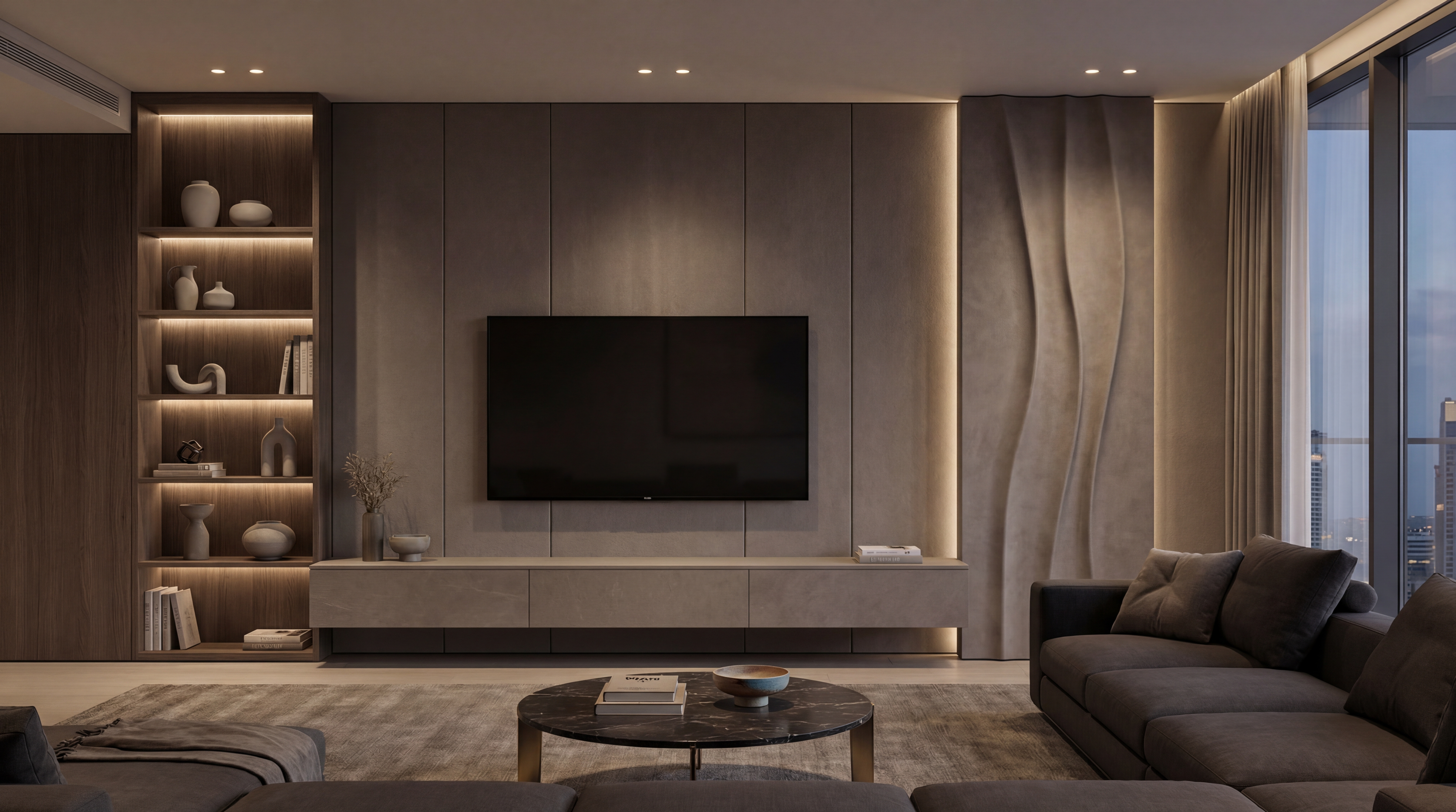 Full room view — media wall installed