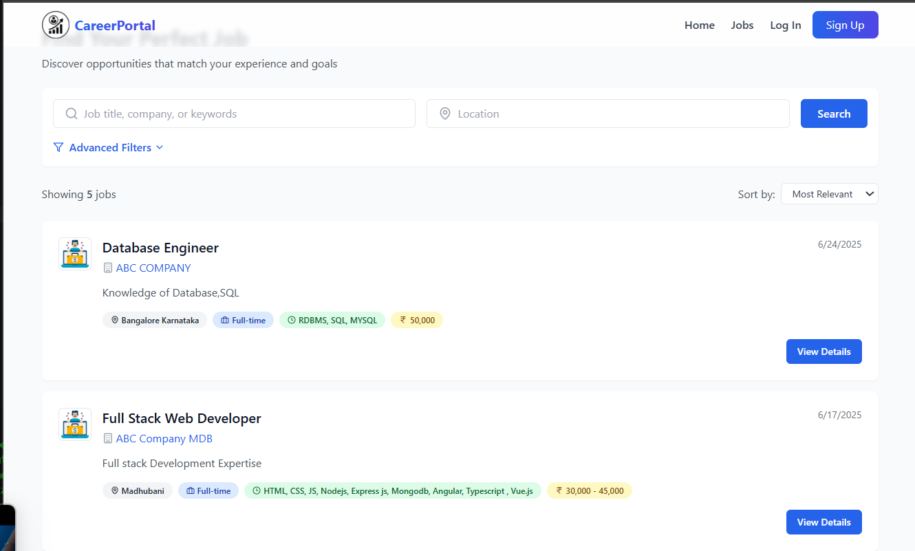 Dashboard with Job Listings