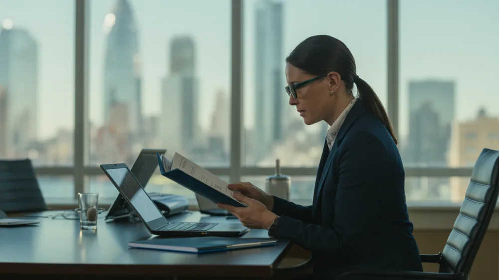 Compliance officer reviewing business continuity documentation in modern office