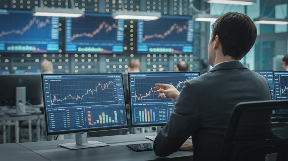 Business professional analyzing financial data and continuity metrics in modern operations center