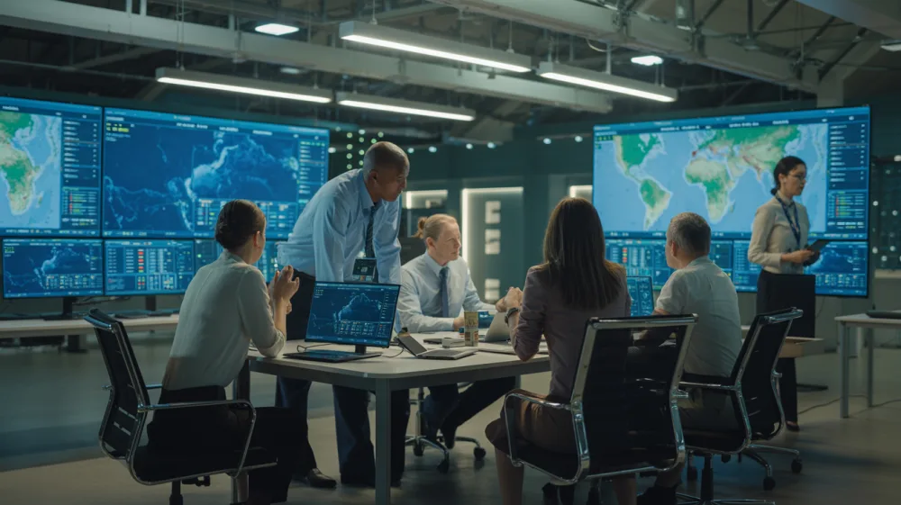 Emergency operations center with professionals coordinating crisis response across multiple screens
