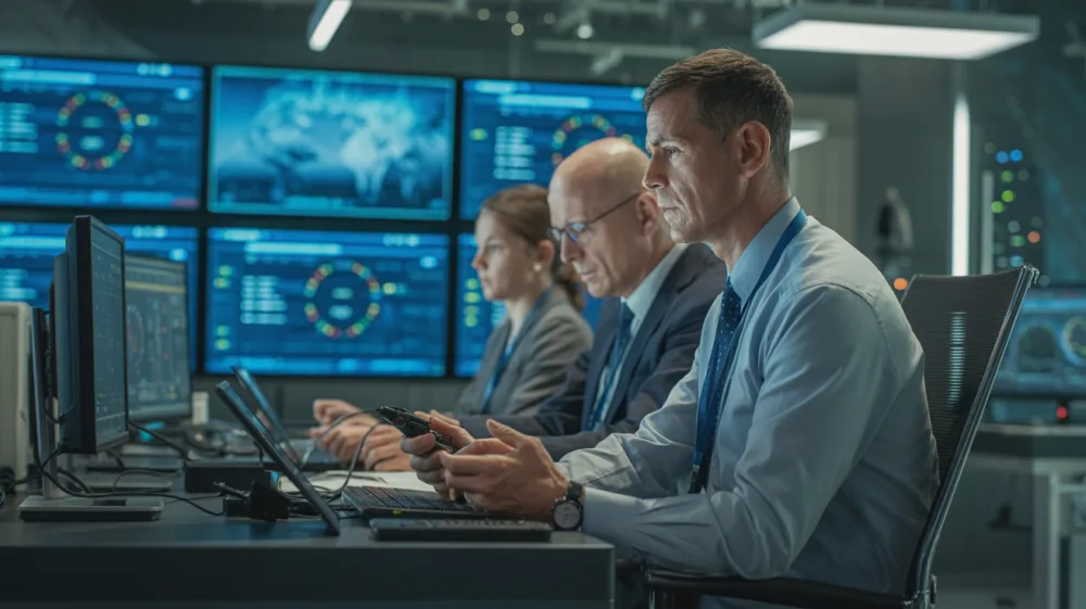 Crisis response command center with coordinators making real-time decisions