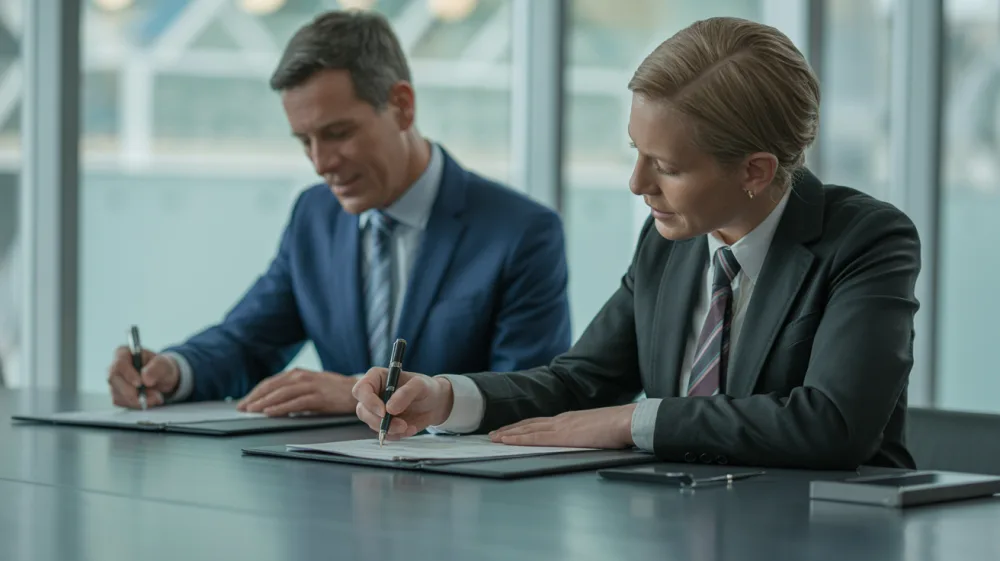 Credit union executives signing merger documents at conference table