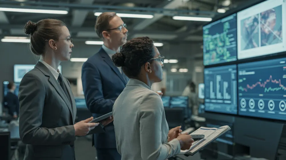 Operations professionals reviewing critical business processes in a modern command center