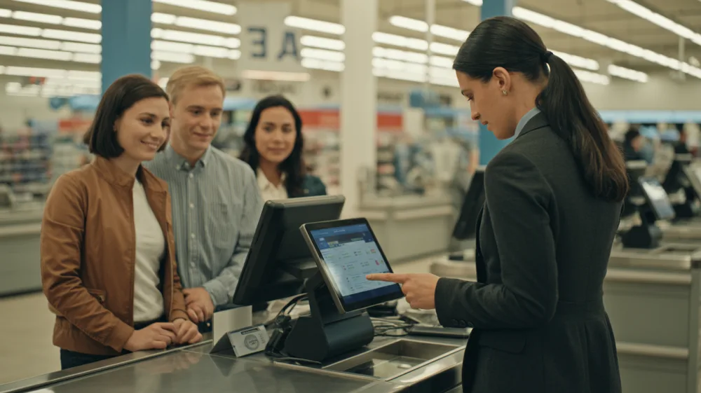 Retail manager working on tablet at checkout counter during system recovery